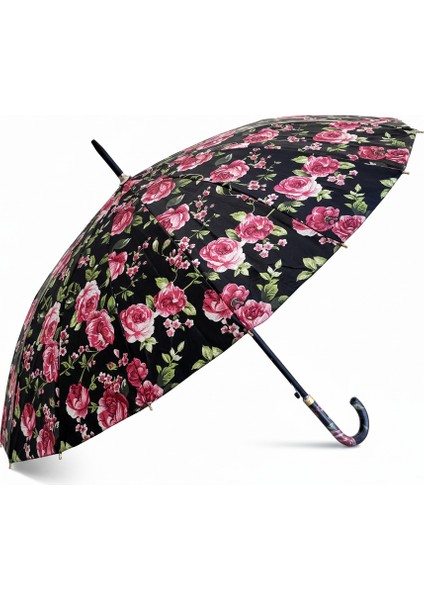Renkli Çiçekli 1. Sınıf Kalite Baston Tip Rüzgar Korumalı Metal 16 Telli Siyah Gövdeli Şemsiye fiyatları