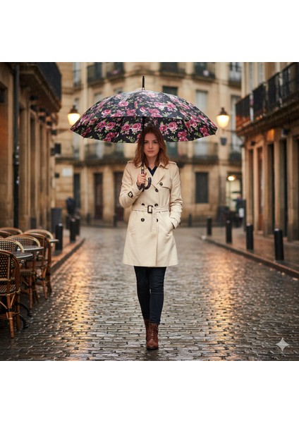 Renkli Çiçekli 1. Sınıf Kalite Baston Tip Rüzgar Korumalı Metal 16 Telli Siyah Gövdeli Şemsiye indirimleri