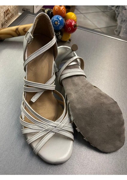 Beyaz Deri Çok Bantlı 8,5 cm 13 Pont Tango, Dans ve Salon Ayakkabısı