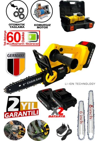 Kömürsüz Motor X2 Çift Pala Çift Zincir Şarjlı Akülü Dal Budama Makinesi 40VF 10AH Çelik Şanzuman