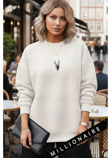 Kadın Ekru Kırık Beyaz Geometrik Geyik Kalın Soft 3 Iplik Şardonlu 0 Sıfır Yaka Oversize Salaş Sweat