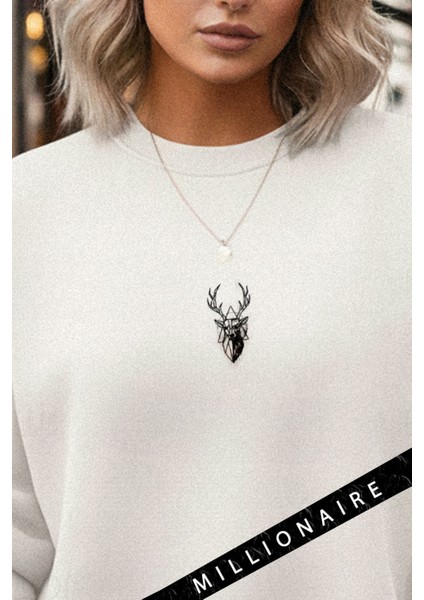 Kadın Ekru Kırık Beyaz Geometrik Geyik Kalın Soft 3 Iplik Şardonlu 0 Sıfır Yaka Oversize Salaş Sweat fiyatları