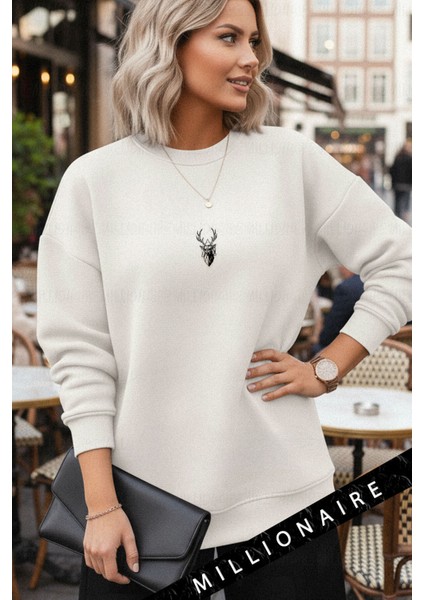 Kadın Ekru Kırık Beyaz Geometrik Geyik Kalın Soft 3 Iplik Şardonlu 0 Sıfır Yaka Oversize Salaş Sweat fırsatları