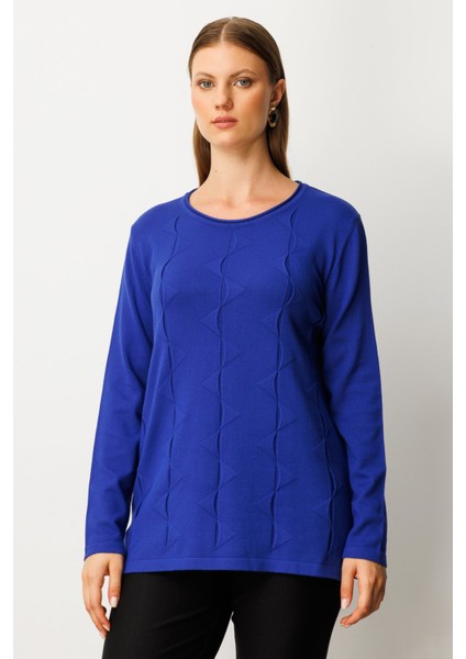 Kadın Büyük Beden Kendinden Desenli Triko Kazak 65329 Saks