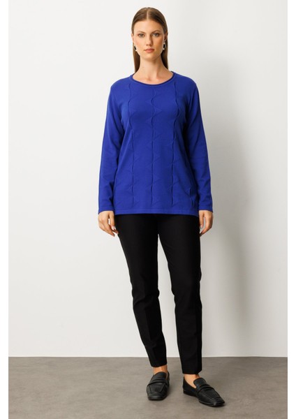 Kadın Büyük Beden Kendinden Desenli Triko Kazak 65329 Saks modelleri