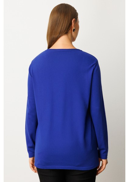 Kadın Büyük Beden Kendinden Desenli Triko Kazak 65329 Saks fırsatları