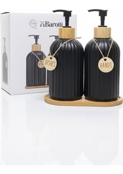 Oslo Barotti 2'li Mat Siyah Seramik Sabunluk Seti ve Bambu Tepsisi