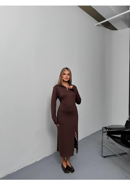 Kadın Kahverengi Fermuarlı Şerit Yırtmaç Detaylı Modal Kumaş Kahverengi Yenisezon Uzun Casual Elbise fiyatları