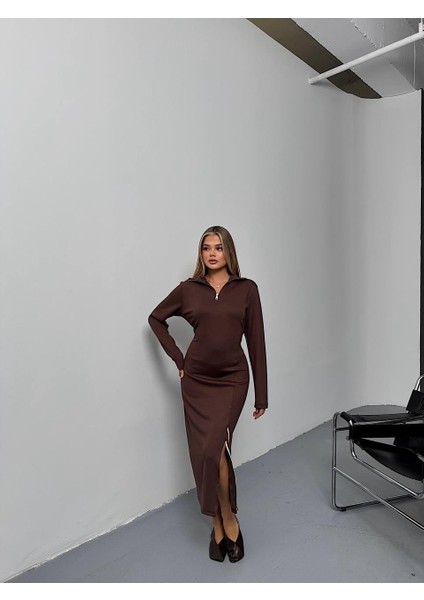 Kadın Kahverengi Fermuarlı Şerit Yırtmaç Detaylı Modal Kumaş Kahverengi Yenisezon Uzun Casual Elbise modelleri