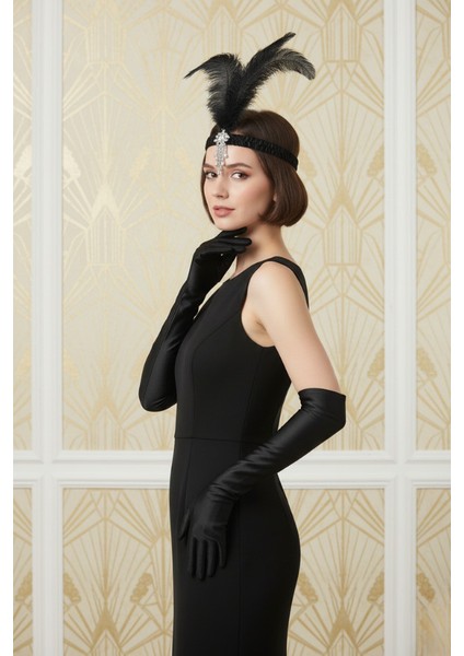 1920'LER Gatsby Hepburn Tarzı 2'li Aksesuar Seti- Tüy Saç Bandı ve Uzun Eldiven fiyatları