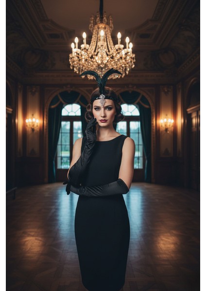 1920'LER Gatsby Hepburn Tarzı 2'li Aksesuar Seti- Tüy Saç Bandı ve Uzun Eldiven modelleri