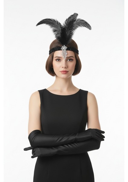 1920'LER Gatsby Hepburn Tarzı 2'li Aksesuar Seti- Tüy Saç Bandı ve Uzun Eldiven fırsatları