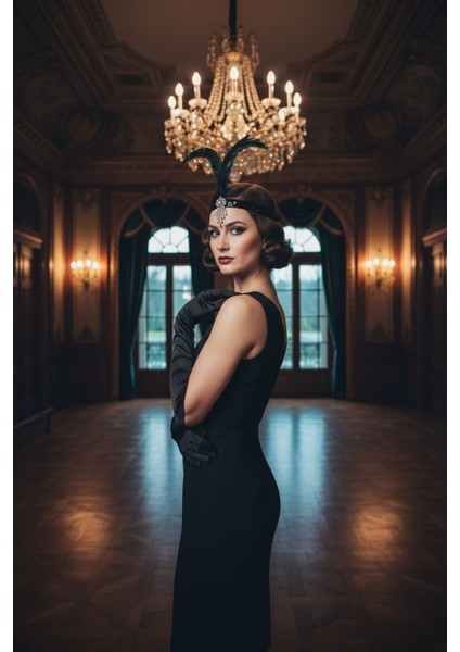 1920'LER Gatsby Hepburn Tarzı 2'li Aksesuar Seti- Tüy Saç Bandı ve Uzun Eldiven indirimleri