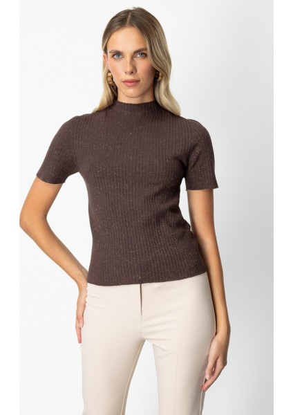 Kadın Dik Yaka Kısa Kollu Triko Kazak 69302 Kahverengi