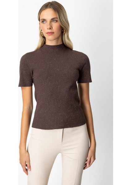 Kadın Dik Yaka Kısa Kollu Triko Kazak 69302 Kahverengi fiyatları