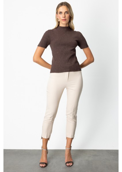 Kadın Dik Yaka Kısa Kollu Triko Kazak 69302 Kahverengi modelleri