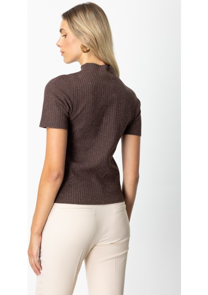 Kadın Dik Yaka Kısa Kollu Triko Kazak 69302 Kahverengi fırsatları