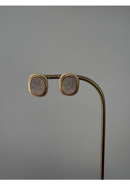 Vintage Sedef Taşlı Dikdörtgen Düğme Model Gold Çelik Küpe