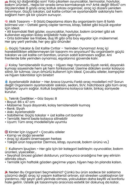 8 Gözlü Araç Koltuk Arkası Organizer – Güçlü Tokalı, Cırtlı, Ayarlanabilir Tasarım 722295