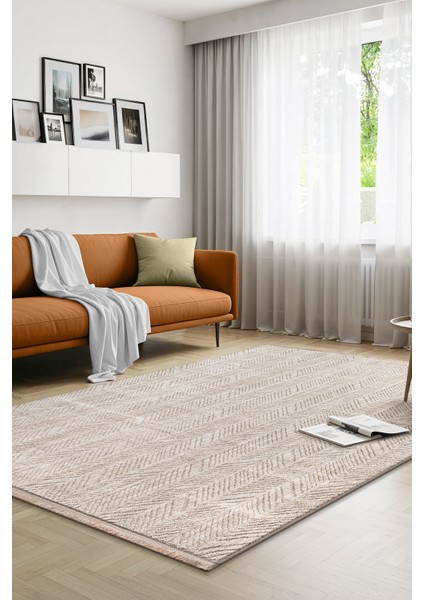Yalın Modern Dokuma Halı Kaymaz Tabanlı Yıkanabilir Salon ve Oturma Odası Halısı 5577 Bej