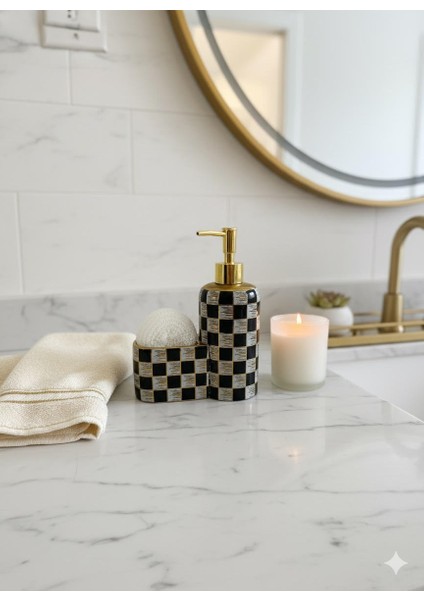 Premium Lüks Gold Detaylı Damalı Seramik Banyo Mutfak Sıvı Sabunluk Seti