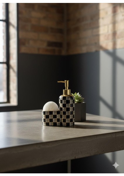 Premium Lüks Gold Detaylı Damalı Seramik Banyo Mutfak Sıvı Sabunluk Seti modelleri