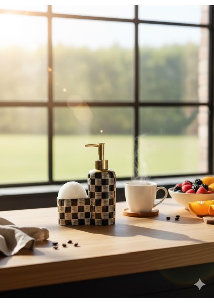 Premium Lüks Gold Detaylı Damalı Seramik Banyo Mutfak Sıvı Sabunluk Seti fırsatları