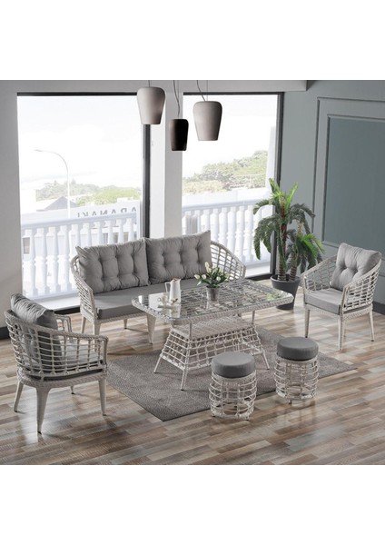 Rattan Albatros Bahçe Mobilyası 2+1+1+1+1+Camlı Masa