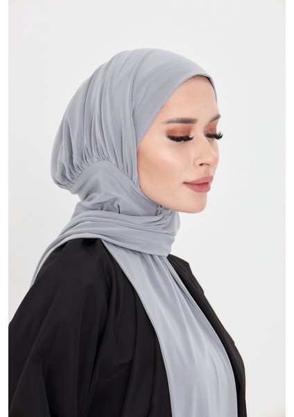 Gri Pratik Hazır Geçmeli Tesettür Bone Sandy Boyunluklu Çıtçıtlı 2505_15