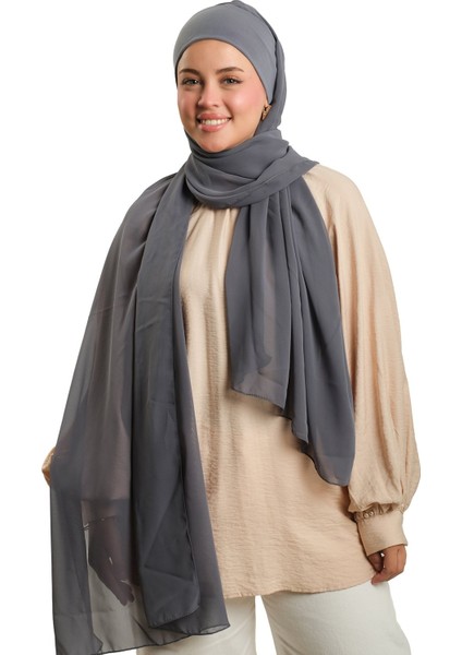 Antrasit Pratik Hazır Geçmeli Bone Şal Şifon Düz 2506_25