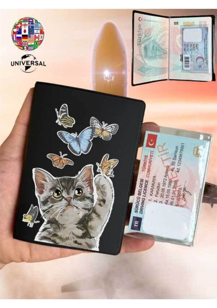 Kedi Oyunu Desenli Pürüzsüz Yüzey Deri Pasaport Kılıfı Kabı Tüm Ülke Pasaportlarına Uygun