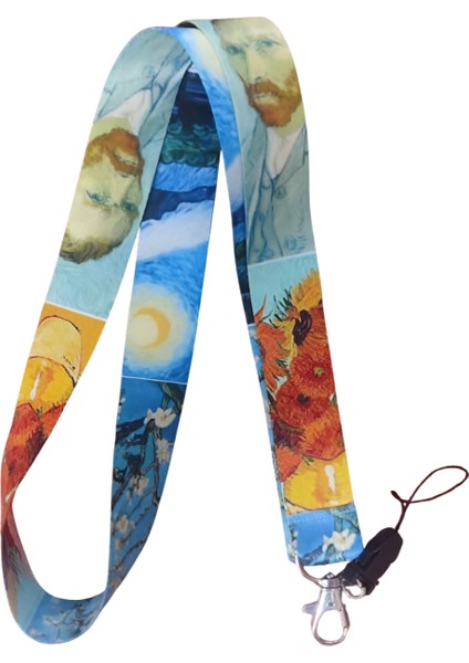 Van Gogh Badem Çiçeği Ağacıtablo Desenli Boyun Askı Ipi ve Telefon Askısı + Kartlık