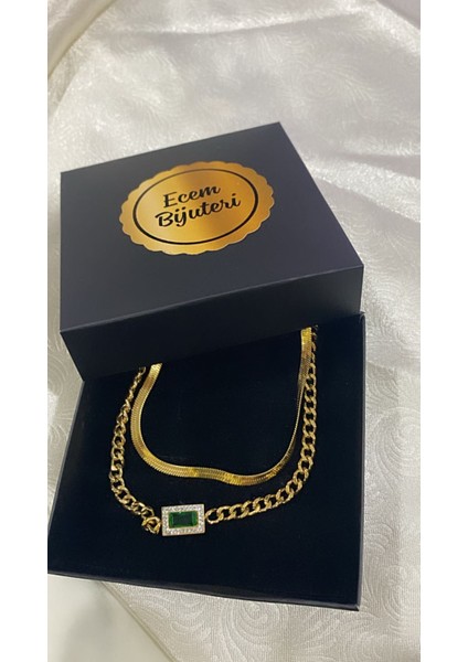 Çelik Italyan Zincir Yeşil Taş Kolye
