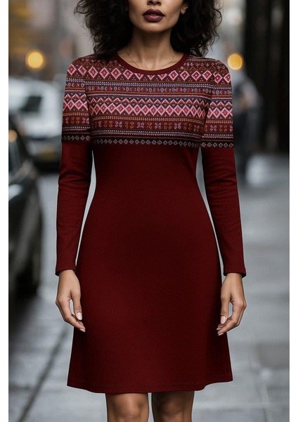 Kadın Uzun Kollu Bisiklet Yaka Etnik Desenli Kısa Şardonlu Dalgıç Elbise