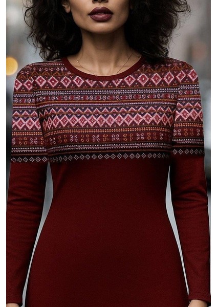 Kadın Uzun Kollu Bisiklet Yaka Etnik Desenli Kısa Şardonlu Dalgıç Elbise fiyatları