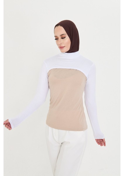 Beyaz Tesettür Balıkçı Yaka Boyunluklu Kolluk Viskon Düz 1025_42 fiyatları