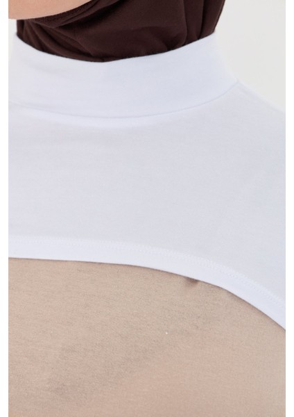 Beyaz Tesettür Balıkçı Yaka Boyunluklu Kolluk Viskon Düz 1025_42 modelleri