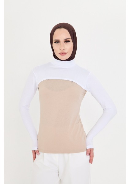 Beyaz Tesettür Balıkçı Yaka Boyunluklu Kolluk Viskon Düz 1025_42 indirimleri
