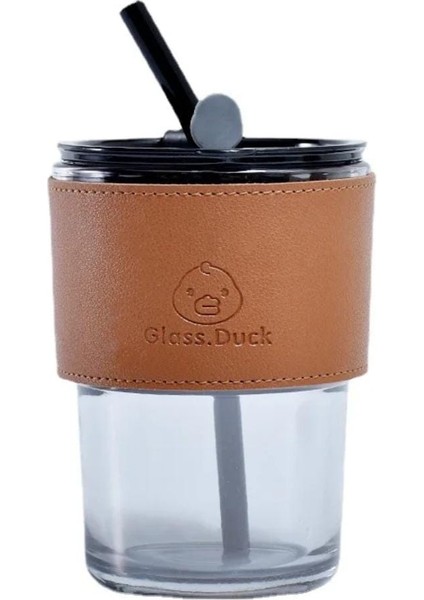 Füme Renkli Cam Pipetli Cam Bardak ve Deri Tutma Kılıflı Soğuk Sıcak Içecek Bardağı