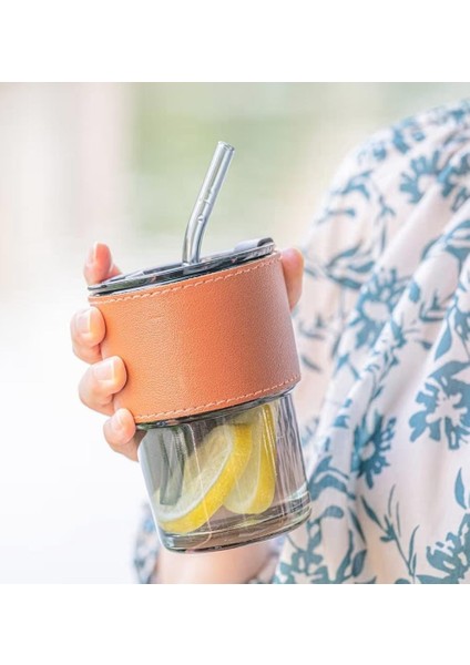 Füme Renkli Cam Pipetli Cam Bardak ve Deri Tutma Kılıflı Soğuk Sıcak Içecek Bardağı fiyatları