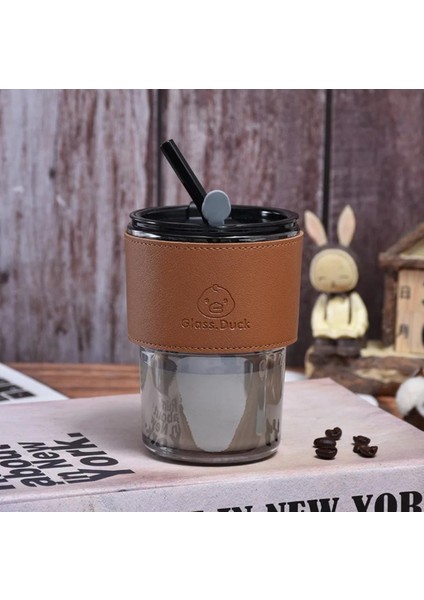 Füme Renkli Cam Pipetli Cam Bardak ve Deri Tutma Kılıflı Soğuk Sıcak Içecek Bardağı indirimleri