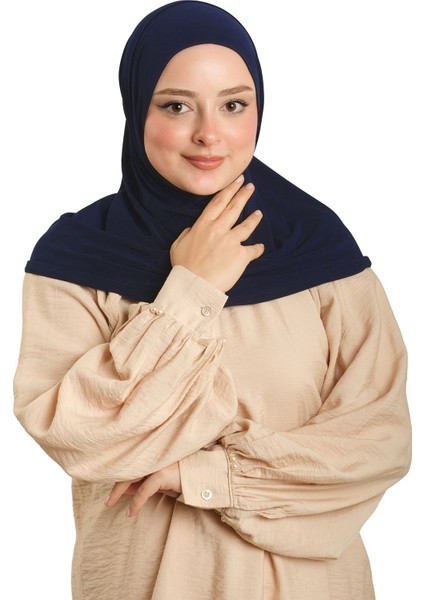 Lacivert Pratik Hazır Geçmeli Boru Boneli Ikili Tesettür Eşarp Sandy Düz 2501_02