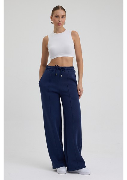 Kadın Yüksek Bel Nervürlü Kışlık Polarlı Paça Dikişli Bol Paça Eşofman Altı Lacivert