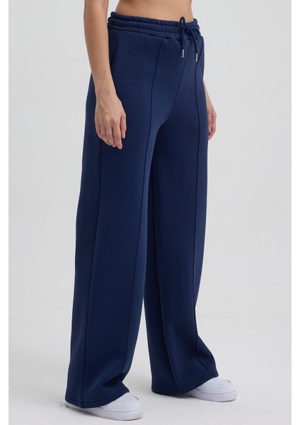 Kadın Yüksek Bel Nervürlü Kışlık Polarlı Paça Dikişli Bol Paça Eşofman Altı Lacivert modelleri