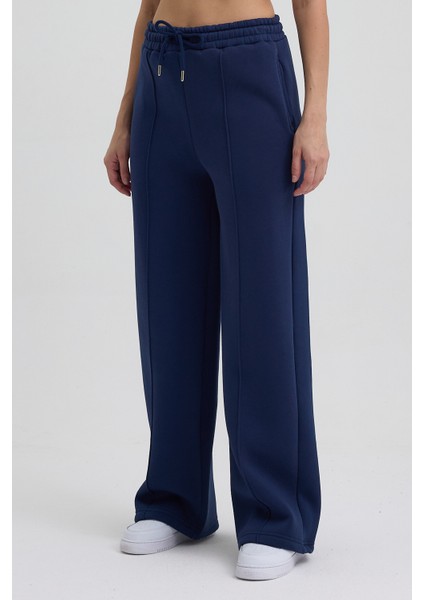 Kadın Yüksek Bel Nervürlü Kışlık Polarlı Paça Dikişli Bol Paça Eşofman Altı Lacivert fırsatları