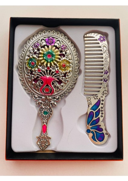 Ayna Tarak Seti, Kutulu-Metal-Hediyelik Takım, 13CM Aynalı Saç Fırçası, Tavuskuşu Figürlü