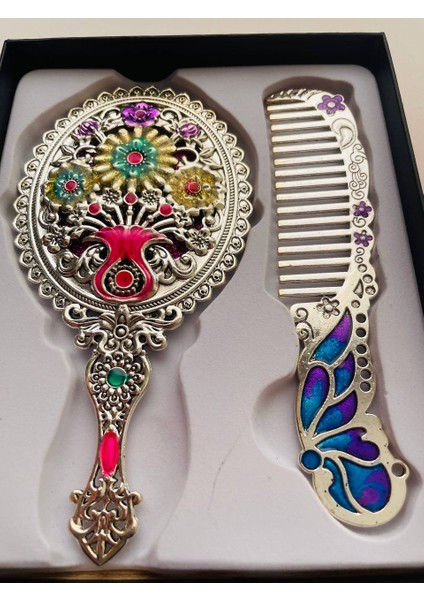 Ayna Tarak Seti, Kutulu-Metal-Hediyelik Takım, 13CM Aynalı Saç Fırçası, Tavuskuşu Figürlü modelleri