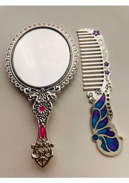 Ayna Tarak Seti, Kutulu-Metal-Hediyelik Takım, 13CM Aynalı Saç Fırçası, Tavuskuşu Figürlü