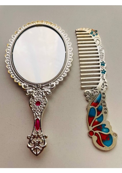 Ayna Tarak Seti, Kutulu-Metal-Hediyelik Takım, 13CM Aynalı Saç Fırçası, Tavuskuşu Figürlü