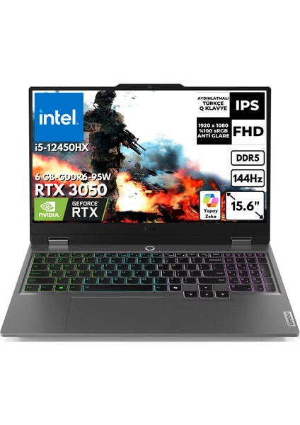Loq 15IAX9 I5-12600HX 24 GB 512 GB SSD 6gb RTX3050 15.6" 144Hz Fhd Freedos Gaming Laptop 83GS00R7TRAT9